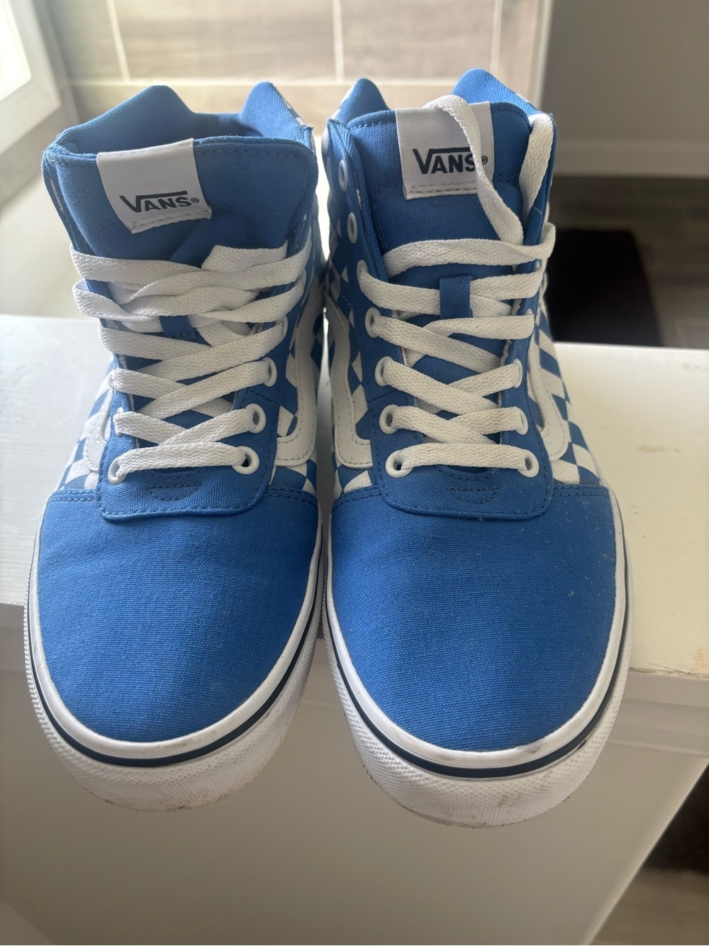 Vans Blue and White High-Top Skate Sneakers
